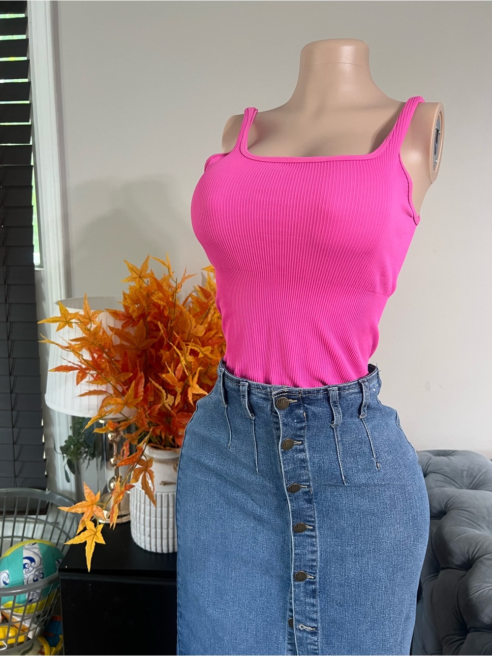 Ribbed Square Neck Tank Top bodysuit- Hot Pink